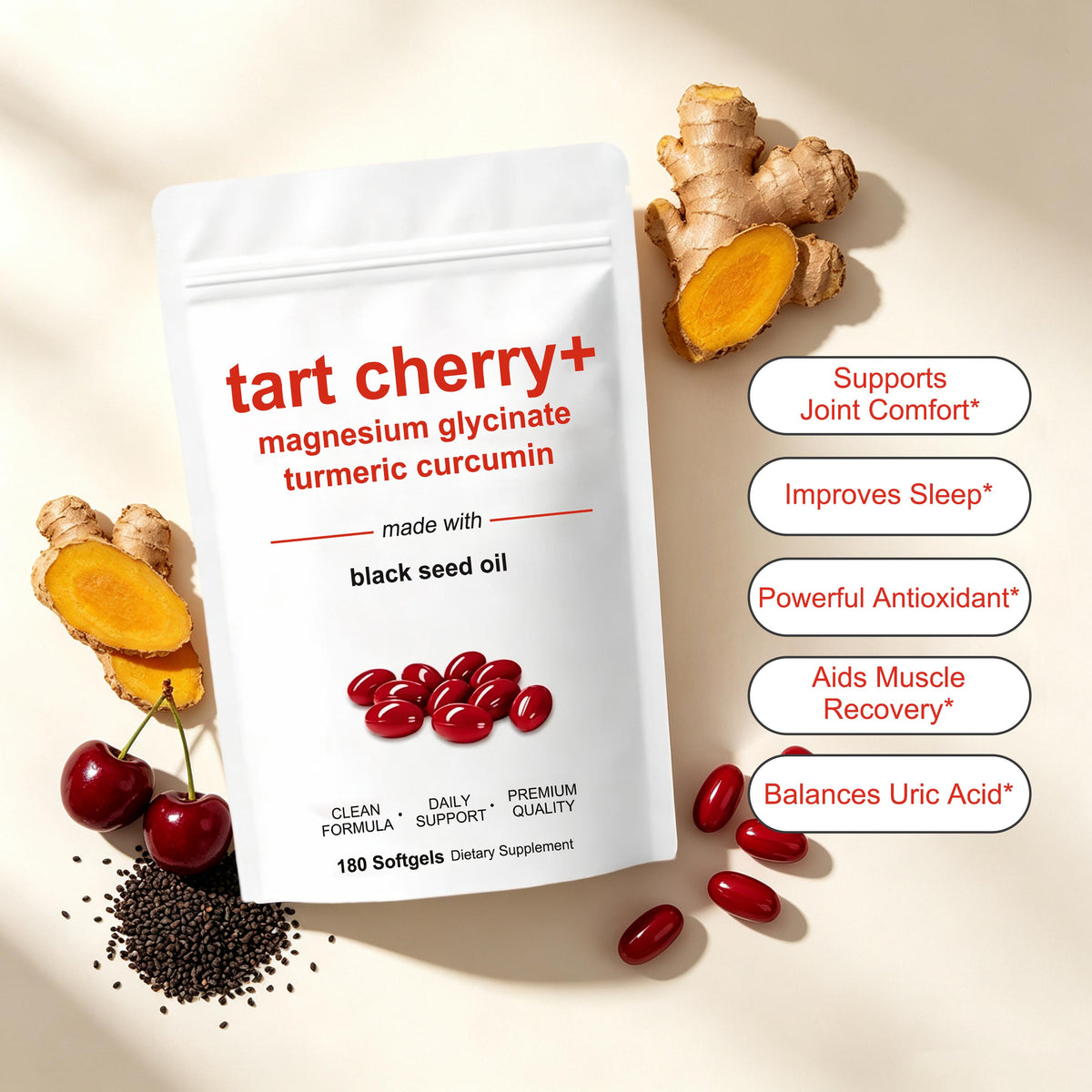 Tart Cherry Plus Softgels - Daily Body Support | 180ct | Dropship