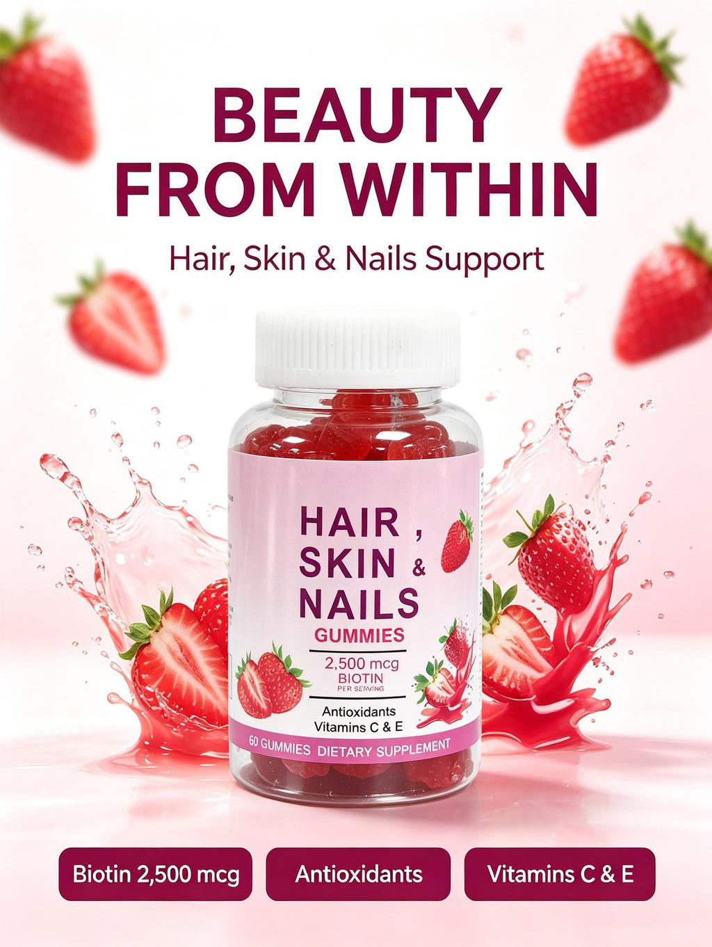 Hair Skin & Nails Gummies - Hair Skin Wellness | 60 Gummies | Dropship