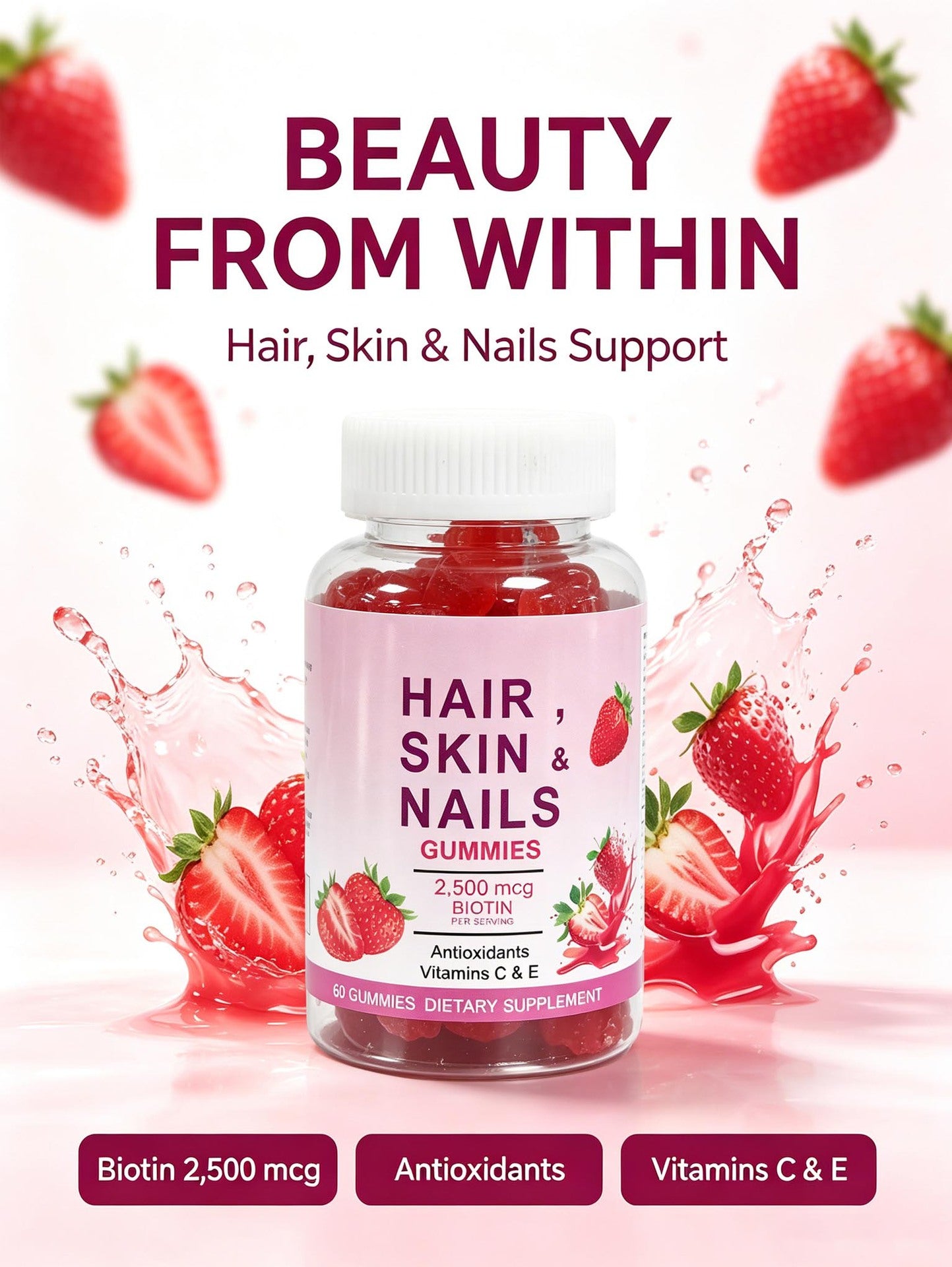Hair Skin & Nails Gummies - Hair Skin Wellness | 60 Gummies | Dropship